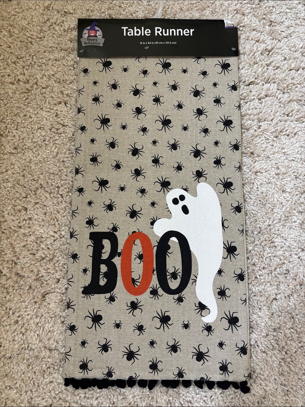 Halloween 'BOO' Ghost Table Runner - Beige with Black Spiders & Orange Accent